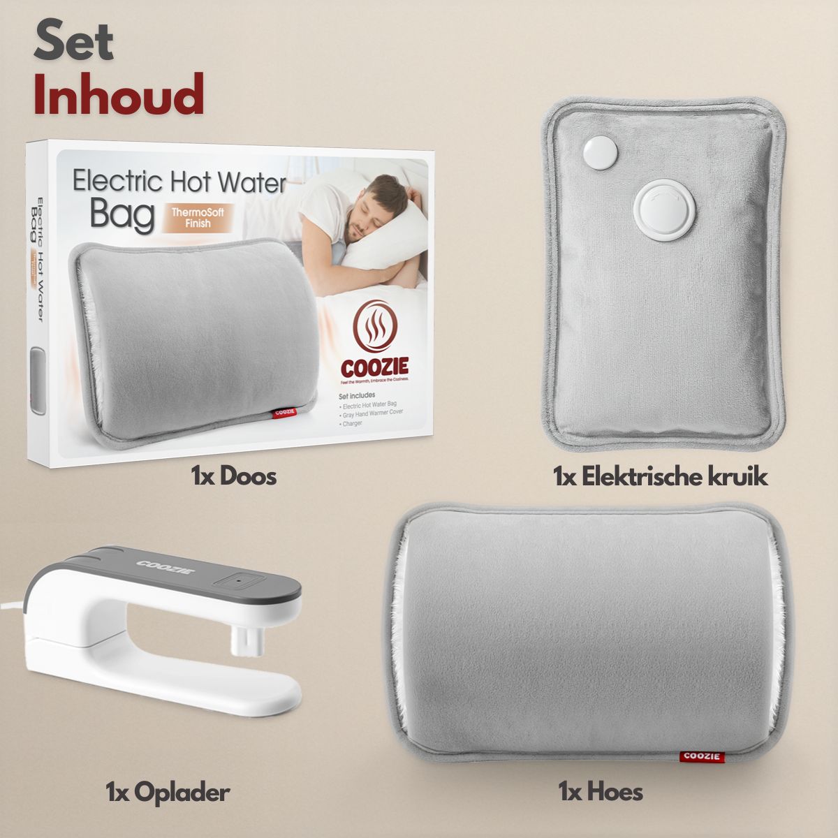 Coozie Elektrische kruik oplaadbaar - Lichtgrijs