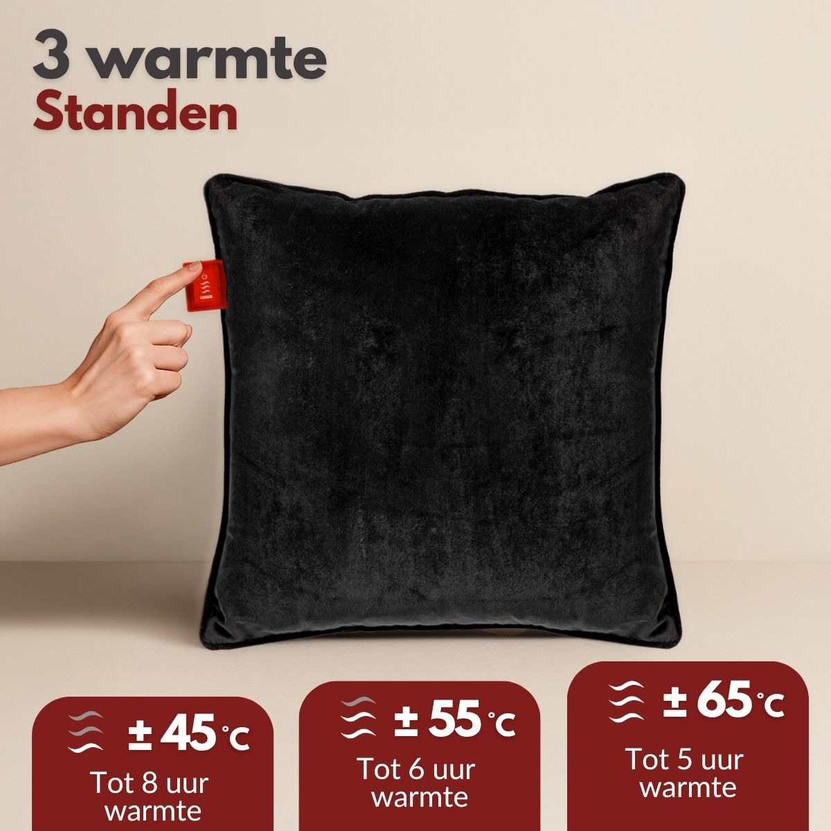 Coozie warmtekussen oplaadbaar 45x45 Zwart Velvet - Draadloos - Elektrisch