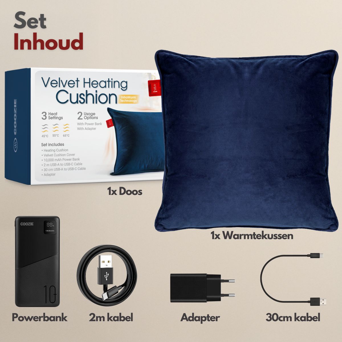 Coozie warmtekussen oplaadbaar 45x45 Donkerblauw Velvet - Draadloos - Elektrisch