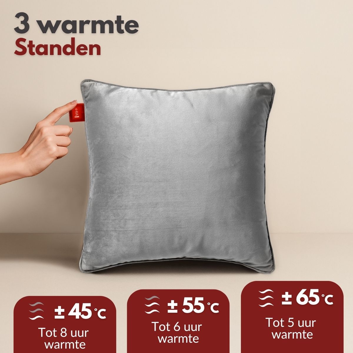 Coozie warmtekussen oplaadbaar 45x45 Grijs Velvet - Draadloos - Elektrisch