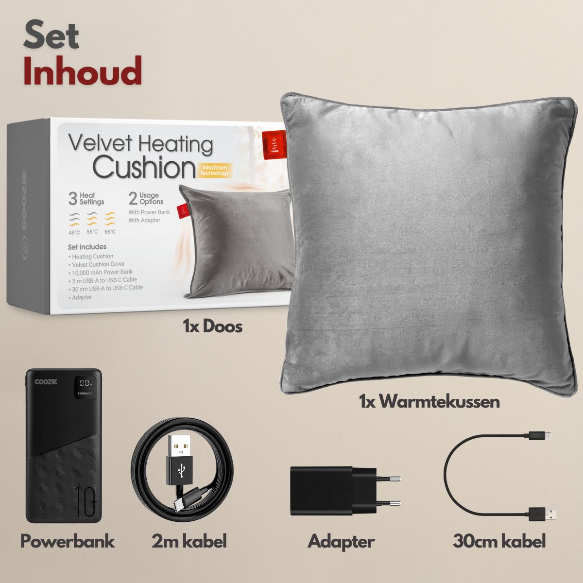 Coozie warmtekussen oplaadbaar 45x45 Grijs Velvet - Draadloos - Elektrisch